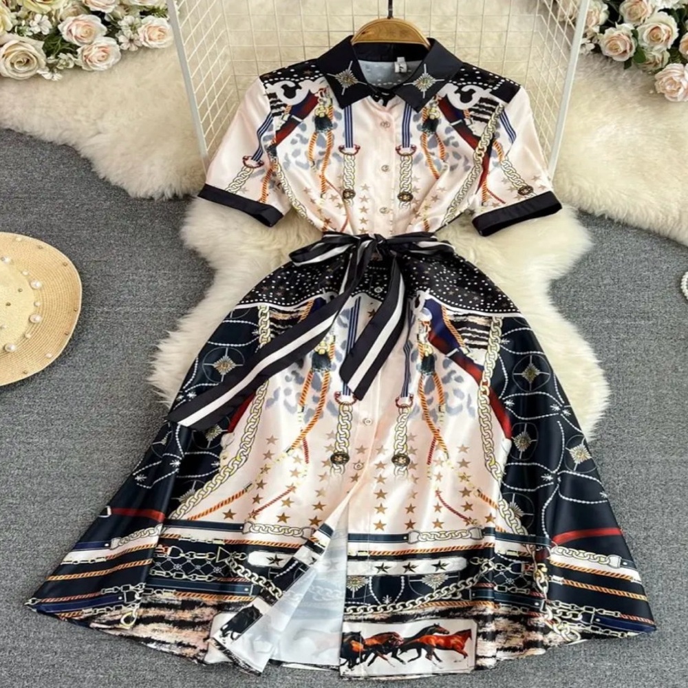 Elegant Black & Cream Chain-Print Shirt Dress with Waist Tie